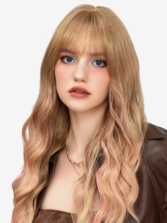 イエローエアバング付きロングウェーブヘアウィッグ 女性用 合成デイリーウィッグ 2025