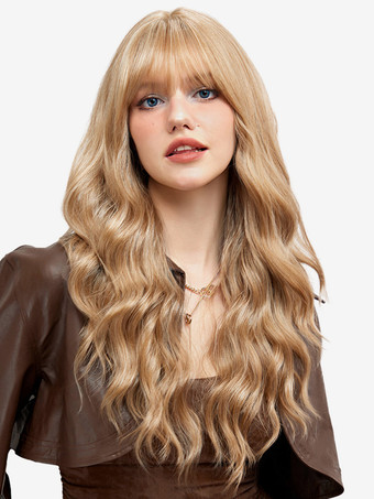 シャンパンカラーエアバング付きロングウェーブヘアウィッグ 女性用 合成デイリーウィッグ 2025
