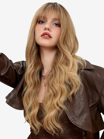 ゴールドエアバング付きロングウェーブヘアウィッグ 女性用 合成デイリーウィッグ 2025