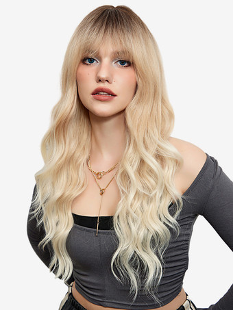 ゴールド エアバング付きロングウェーブヘアウィッグ 女性用 合成デイリーウィッグ 2025