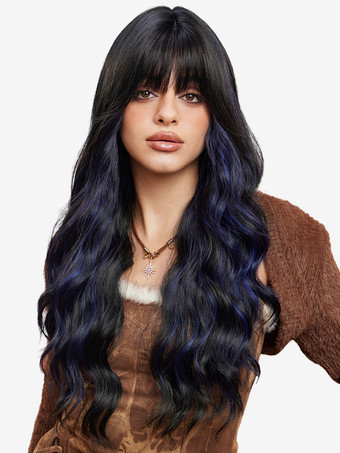 ブルー エアバング付きロングウェーブヘアウィッグ 女性用 合成デイリーウィッグ 2025