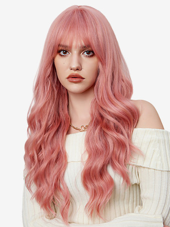 ピンクエアバング付きロングウェーブヘアウィッグ 女性用 合成デイリーウィッグ 2025