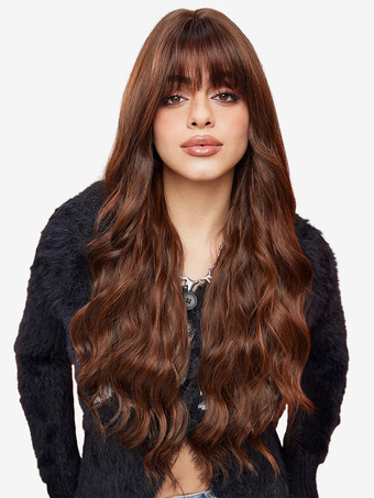 ディープブラウンエアバング付きロングウェーブヘアウィッグ 女性用 合成デイリーウィッグ 2025