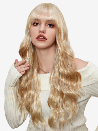 ライトゴールドエアバング付きロングウェーブヘアウィッグ 女性用 合成デイリーウィッグ 2025