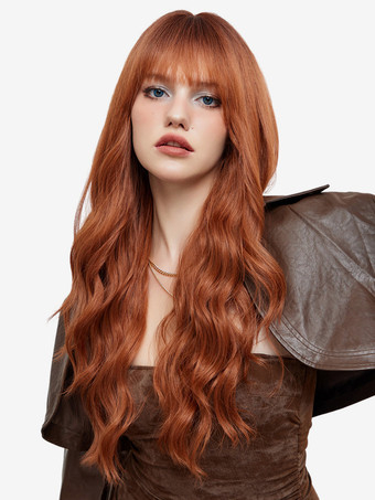 オレンジエアバング付きロングウェーブヘアウィッグ 女性用 合成デイリーウィッグ 2025