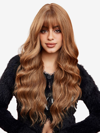 ブラウン エアバング付きロングウェーブヘアウィッグ 女性用 合成デイリーウィッグ 2025