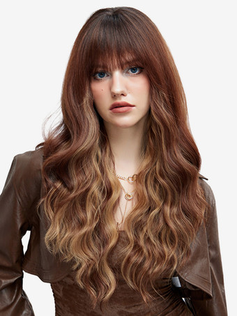 ブラウンエアバング付きロングウェーブヘアウィッグ 女性用 合成デイリーウィッグ 2025
