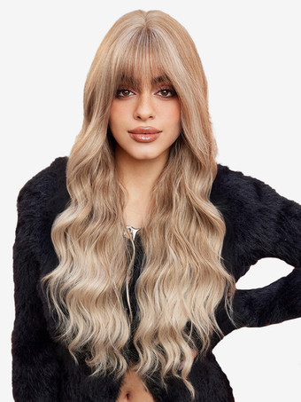 ライトブラウンエアバング付きロングウェーブヘアウィッグ 女性用 合成デイリーウィッグ 2025