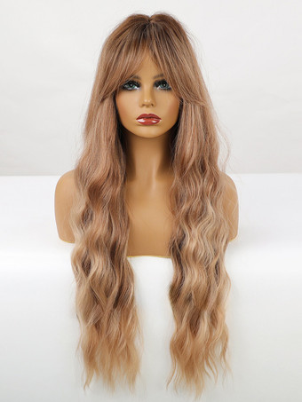 カーテンバング付きブラウンロングカーリーヘアウィッグ 合成デイリーウィッグ 女性用 2025