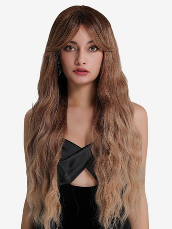 カーテンバング付きブラウンロングカーリーヘアウィッグ 合成デイリーウィッグ 女性用 2025
