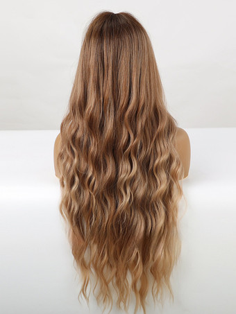 カーテンバング付きブラウンロングカーリーヘアウィッグ 合成デイリーウィッグ 女性用 2025