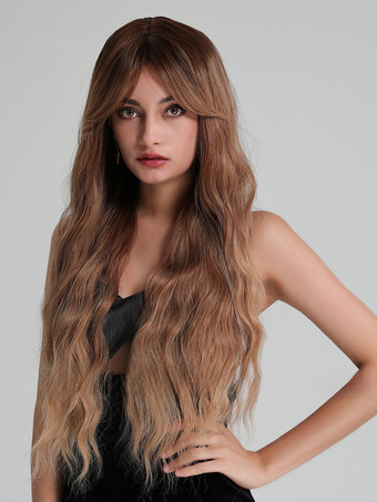 カーテンバング付きブラウンロングカーリーヘアウィッグ 合成デイリーウィッグ 女性用 2025
