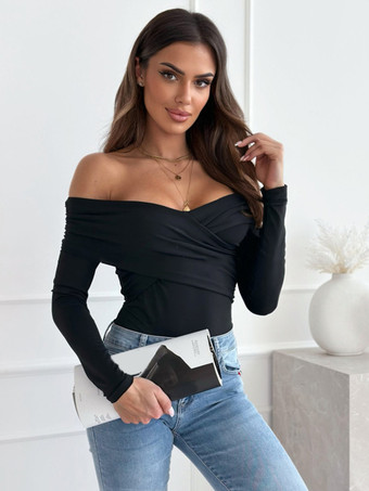 ブラック ロングスリーブ T シャツ オフショルダー ベーシック トップス レディース 2025