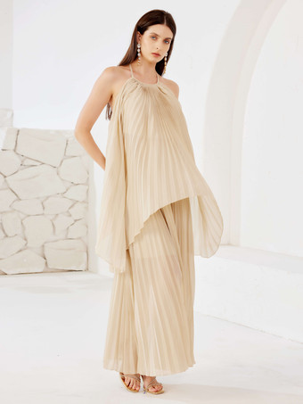 アプリコットのツーピースコーデセット オープンバックホルターネックとロングドレス 夏コーデ レディース 2026