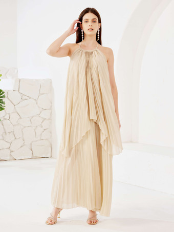 ディープアプリコットアプリコットのツーピースコーデセット オープンバックホルターネックとロングドレス 夏コーデ レディース 2026