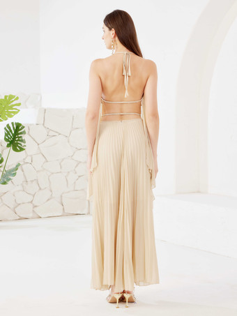 アプリコットのツーピースコーデセット オープンバックホルターネックとロングドレス 夏コーデ レディース 2026