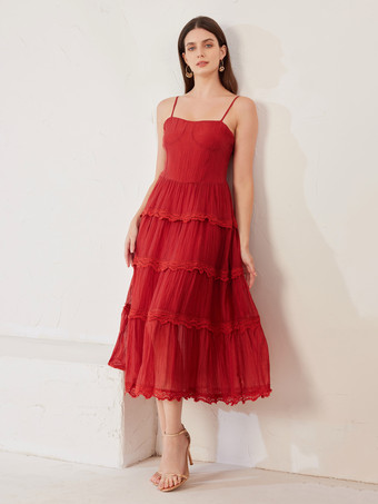 RotRotes Unterkleid Geburtstagsparty mehrlagiges Midikleid für Frauen 2025