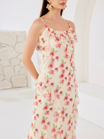 Maxikleid mit Rosendruck und Rüschen Sommer-Unterkleid für Damen 2025