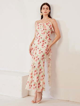 RosaMaxikleid mit Rosendruck und Rüschen Sommer-Unterkleid für Damen 2025