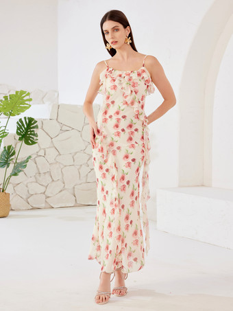 Maxikleid mit Rosendruck und Rüschen Sommer-Unterkleid für Damen 2025