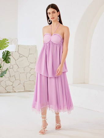 ラベンダーカラーラベンダーのツーピースコーデセット ホルターネック＆ミディドレス レディース 2026