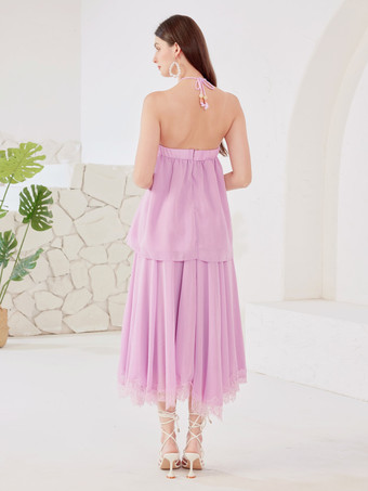 ラベンダーのツーピースコーデセット ホルターネック＆ミディドレス レディース 2026