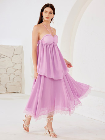 ラベンダーのツーピースコーデセット ホルターネック＆ミディドレス レディース 2026