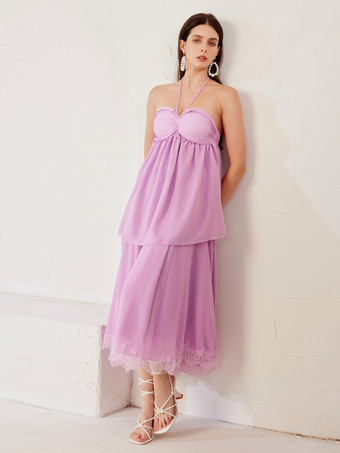 ラベンダーのツーピースコーデセット ホルターネック＆ミディドレス レディース 2026