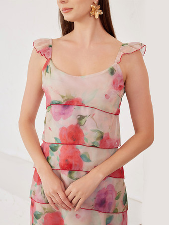 Vestido largo de verano con mangas con volantes y estampado floral para mujer 2025