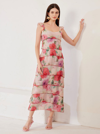 rosa Vestido largo de verano con mangas con volantes y estampado floral para mujer 2025