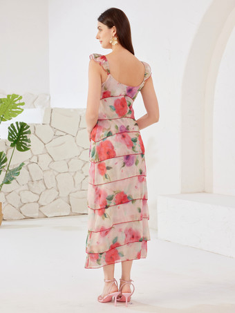 Vestido largo de verano con mangas con volantes y estampado floral para mujer 2025