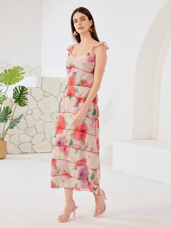 Vestido largo de verano con mangas con volantes y estampado floral para mujer 2025