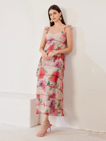 Vestido largo de verano con mangas con volantes y estampado floral para mujer 2025