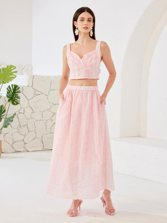 Rosa Zweiteiler Set Crop Top und langer Rock Sommeroutfit für Damen 2025