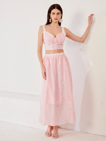 Rosa Zweiteiler Set Crop Top und langer Rock Sommeroutfit für Damen 2025