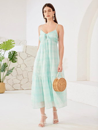 Hellgrün Sommerliches Slip-Kleid im grünen Karomuster Midikleid mit hoher Taille für Damen 2025