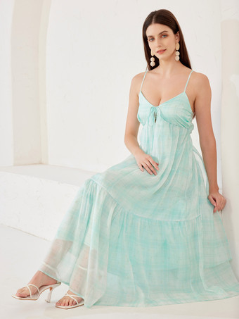 Sommerliches Slip-Kleid im grünen Karomuster Midikleid mit hoher Taille für Damen 2025