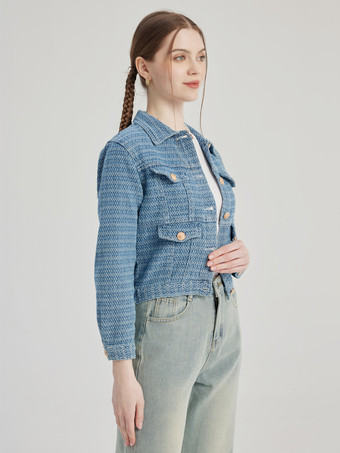 ブルー クロップ ジャケット ターンダウン カラー 春 アウター レディース 2026