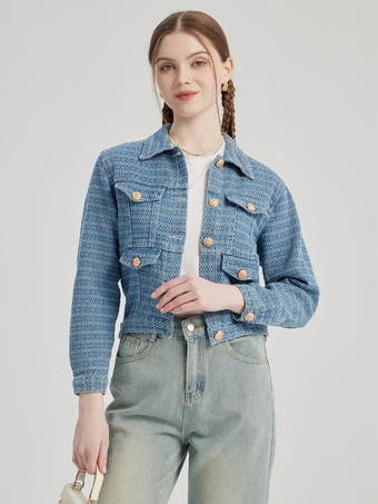 ブルー クロップ ジャケット ターンダウン カラー 春 アウター レディース 2026