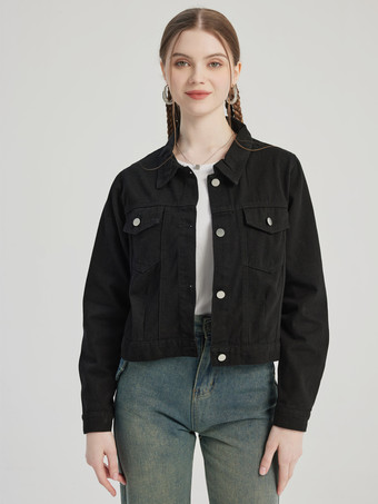 Black Black Denim Short Jacket Turndown Collar Spring Outerwear For Women 2026