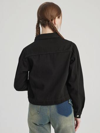 Black Denim Short Jacket Turndown Collar Spring Outerwear For Women 2026