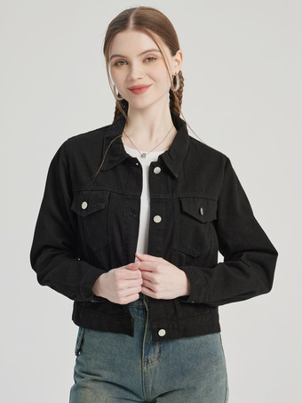 Black Denim Short Jacket Turndown Collar Spring Outerwear For Women 2026