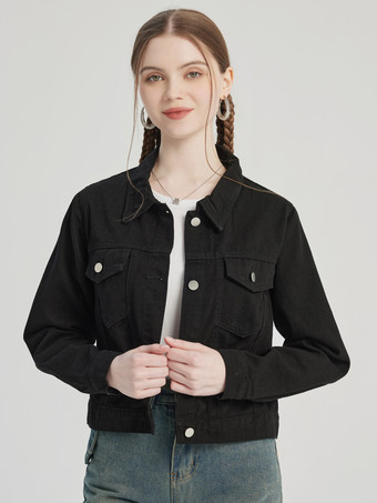 Black Denim Short Jacket Turndown Collar Spring Outerwear For Women 2026