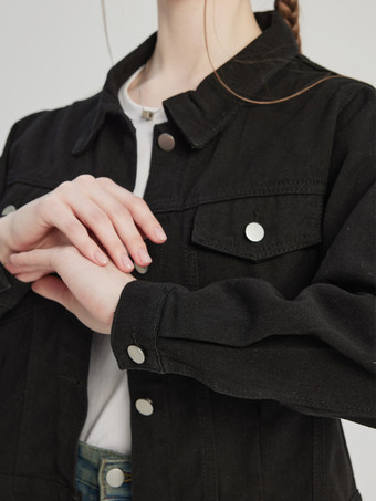 Black Denim Short Jacket Turndown Collar Spring Outerwear For Women 2026