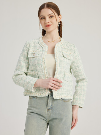 ライトグリーン 気質のあるレディスタイルジャケットクルーネック春アウターウェア女性用2025