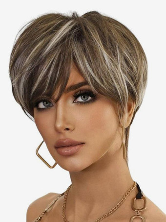 ハイライト ショート ピクシーカット ウィッグ 耐熱ファイバー デイリー 合成ウィッグ 女性用 2025