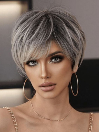 グレイハイライト ショート ピクシーカット ウィッグ 耐熱ファイバー デイリー 合成ウィッグ 女性用 2025