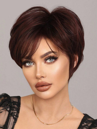 マホガニー女性用ショート ピクシーカット ウィッグ 耐熱ファイバー デイリー 合成ウィッグ 前髪付き 2025