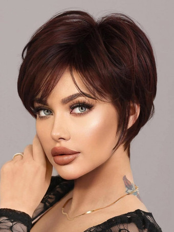 女性用ショート ピクシーカット ウィッグ 耐熱ファイバー デイリー 合成ウィッグ 前髪付き 2025