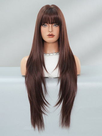 ブラウン前髪付きエクストラロングストレートウィッグ 耐熱ファイバー デイリー合成ウィッグ 女性用 2025